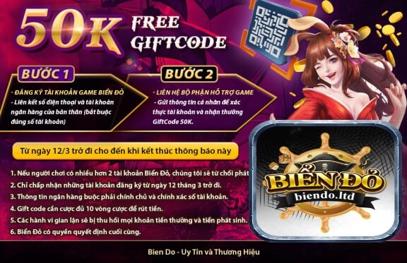 Free GiftCode 50K cho thành viên mới đăng ký tại cổng game biendo
